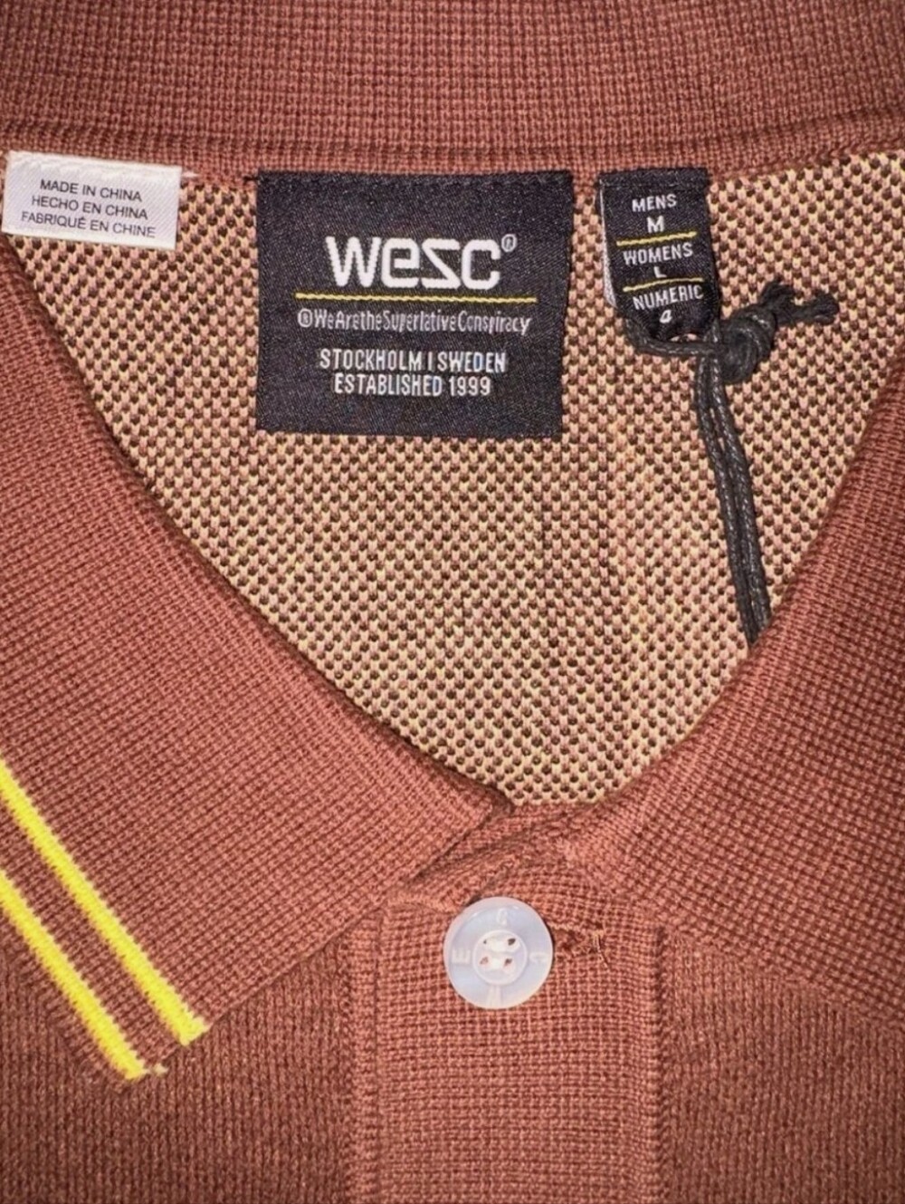 NWT Unisex WESC Brown Button-Up Floral Knit Polo with Yellow & Pink Accents - Picture 2 of 10